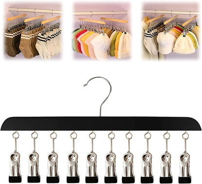 Closet Organizer with 10 Clips, 2026 New Space Saving Hanging Closet Organizer, Hat Scarf Clothespins for Legging Jeans Skirts Socks Pant Hangers (Black-10 Clips, 1 Pcs)