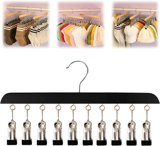Closet Organizer with 10 Clips, 2026 New Space Saving Hanging Closet Organizer, Hat Scarf Clothespins for Legging Jeans Skirts Socks Pant Hangers (Black-10 Clips, 1 Pcs)
