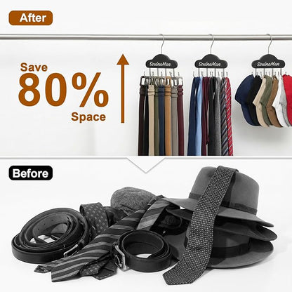 Belt Organizer, 2 PCS Belt Hanger for Closet, Tie Organizer for Men, Rotatable Sturdy Shirt Hangers with 8 Hooks, Tie Rack for Belt, Bra, Tank Top, Hat, Purse, Black