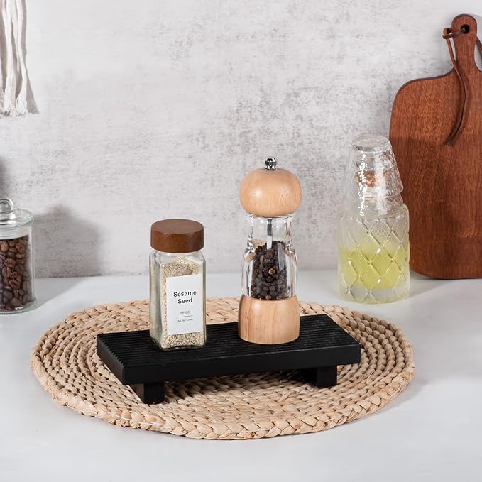 Bathroom Tray Farmhouse Decor Pedestal Stand Wood Riser Display Kitchen Accessories Soap Holder for Sink, Counter, Vanity, 8.7 * 3.6 Black