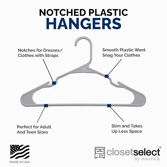 Closetselect Plastic Hangers 50 Pack - Space Saving Clothes Hangers, Made in USA, Durable & Strong Plastic Shirt & Coat Hanger with Notches & Shoulder Grooves, Non-Slip Clothing Hangers | Grey