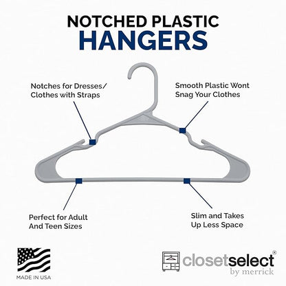 Closetselect Plastic Hangers 50 Pack - Space Saving Clothes Hangers, Made in USA, Durable & Strong Plastic Shirt & Coat Hanger with Notches & Shoulder Grooves, Non-Slip Clothing Hangers | Grey