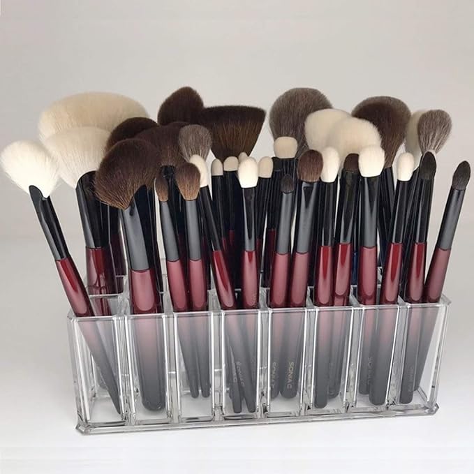 (Set Of 2) Acrylic Makeup Brush Organizer 24 Space Storage w/Deep Slots For Cosmetic Beauty Brushes Refillable Container - Clear