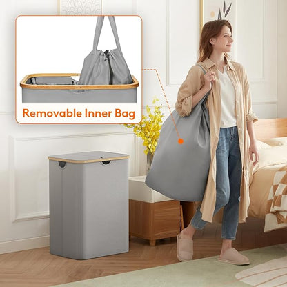 Lifewit 150L Laundry Basket with Lid, Clothes Hampers for Laundry with Bamboo Handles and 2 Removable Laundry Bags, Large Foldable Laundry Hamper for Bedroom, Bathroom, Dorm, Laundry Room, Sliver Gray