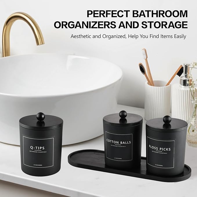 3 Pack Qtip Holder Bathroom Set,Cotton Ball Swab Pad Holder Cotton Round Floss Pick Dispenser with Tray,Glass Apothecary Jars with Lids,Bathroom Organizers and Storage Canisters-Black