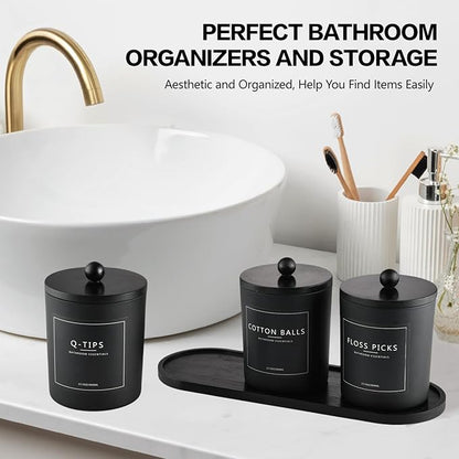 3 Pack Qtip Holder Bathroom Set,Cotton Ball Swab Pad Holder Cotton Round Floss Pick Dispenser with Tray,Glass Apothecary Jars with Lids,Bathroom Organizers and Storage Canisters-Black