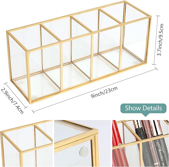 ELEGANTLIFE Clear Glass Makeup Brush Organizer,Luxurious Tempered Glass Cosmetics Brushes Storage Holder for Refined Bathroom Decor (Gold, 4 Sections)