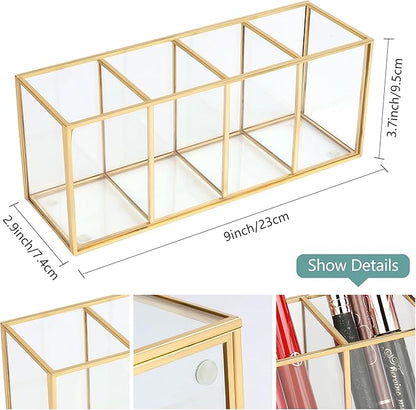 ELEGANTLIFE Clear Glass Makeup Brush Organizer,Luxurious Tempered Glass Cosmetics Brushes Storage Holder for Refined Bathroom Decor (Gold, 4 Sections)