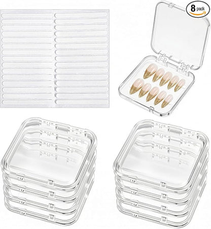 8 Pcs Press on Nail Storage, Clear Acrylic Press on Nail Boxes, Nail Container with 30 Pcs Double-Sided Tape for Fake Nail Display and Salon Supplies