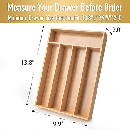Silverware Organizer Bamboo Kitchen Drawer Organizer Utensil Organizer Silverware Holder Cutlery Organizer in drawer Flatware Organizer Tray (Natural 5 Slots)