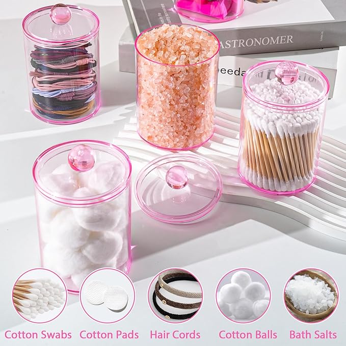XIPENGKEJI 2 Pack Qtip Holder,Canister Apothecary Jar Set, Bathroom Jars with Lids Set for Cotton Swabs, Balls, Pads, Floss Picks,10oz-12oz Plastic Canisters Restroom Bedroom Vanity Organizer(Pink)