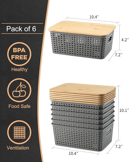 AREYZIN Storage Bins with Bamboo Lids Set of 6 Lidded Storage Container Plastic Baskets Organizer Bins for Organizing Kithen Room Bedroom Office Closet, Sturdy(Grey)