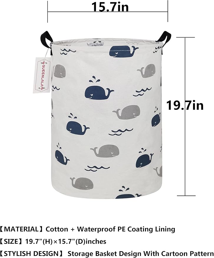 QUEENLALA Large Storage Basket,Laundry Hamper/Bathroom/Home Decor/Collapsible Round Storage Bin,Boys and Girls Hamper/Boxes/Clothing(Round-Blue Cute Whale)