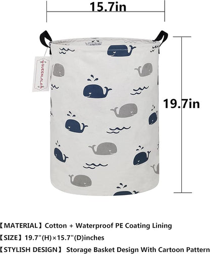 QUEENLALA Large Storage Basket,Laundry Hamper/Bathroom/Home Decor/Collapsible Round Storage Bin,Boys and Girls Hamper/Boxes/Clothing(Round-Blue Cute Whale)