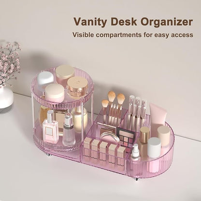 360 Rotating Vanity Makeup Organizer, 2 Small Trays & 5 Compartments for Cosmetics, Skincare, Perfume, Lipstick & Make up Brushes Holder, Dresser Countertop Organizers and Storage for Bathroom, Desk