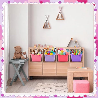 Dandat 16 Pcs Plastic Book Bins for Classroom Library Cubby Bins Scoop Front Stackable Toy Storage Tubs Containers for School Office Home Nursery Playroom Organization (Pink Series)