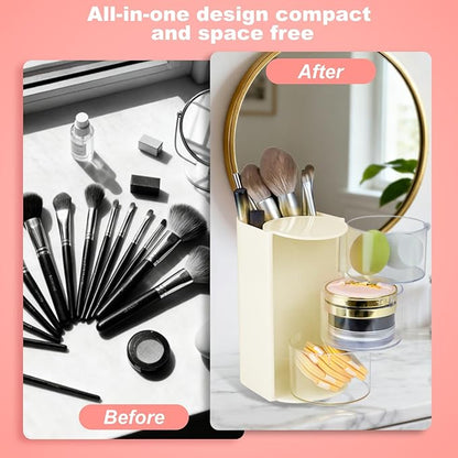 Hair Accessories Organizer with Hair Brush Holder, Rotatable Makeup Brush and Jewelry Storage Box for Hair Clips, Earrings, Necklaces, Bracelets, Rings, and Daily Accessories (Off White,3-Layer)