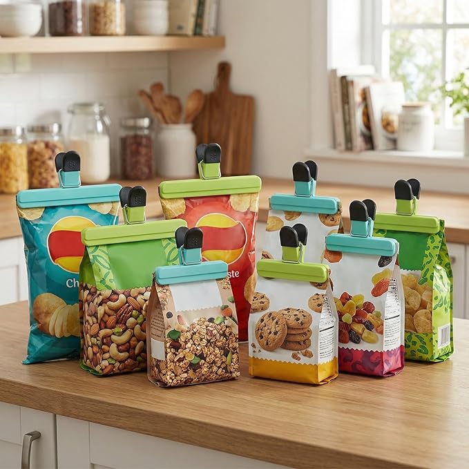 8 Pack Chip Clips, Wide Open Food Clips Bag Clips for Food Storage with Airtight Seal Grip, Snack Clips for Food Bags, Heavy Duty Sealing Clip for Home, Office and More (4 x L, 4 x S)