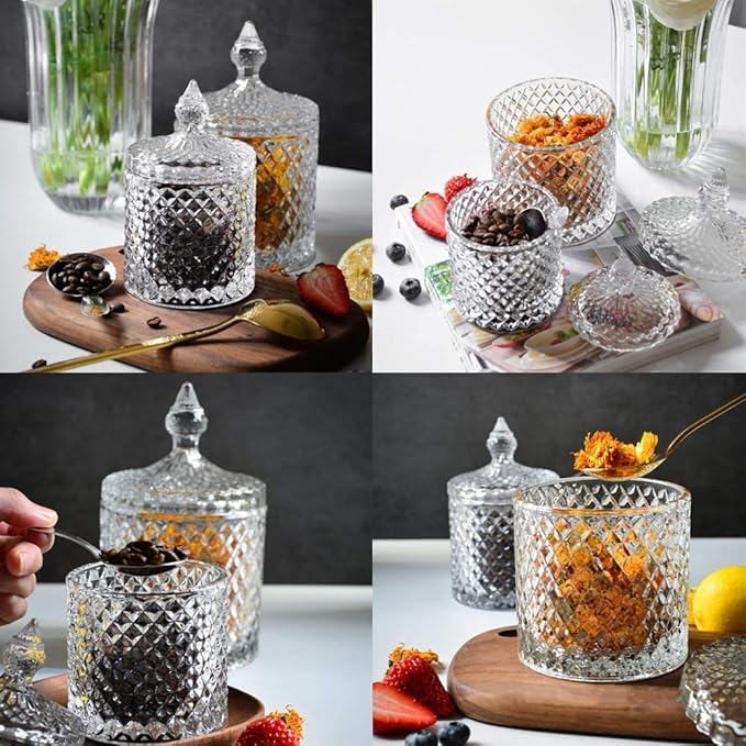 Colorful Home Decorative Jar Qtips Holder Dispenser Glass Storage Container Bathroom Counter Vanity Organizer for Bath Salts/Swabs/Rounds Makeup Sponges Toothpick Jewelry(Transparent,10 oz,)