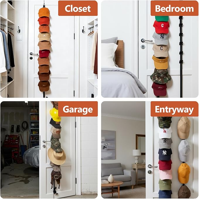 Over The Door Hat Organizer for Baseball Caps, 2-Way Hanging Hat Rack for Door, No-Drill Baseball Cap Organizer for Closet, Bedroom, Garage, Dorm Door (10 Hooks)