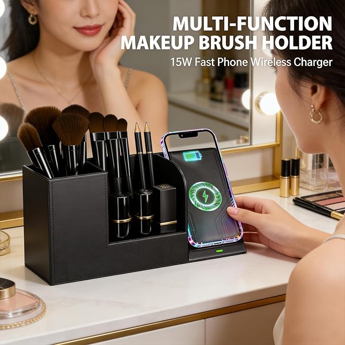 LADSTAG Makeup Brush Holder Organizer, Leather Makeup Brush Cup with Phone Charging Stand for Cosmetics, Nail Polish, Lipstick & Art Supplies Vanity Desktop Bathroom Organizer