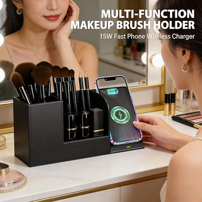 LADSTAG Makeup Brush Holder Organizer, Leather Makeup Brush Cup with Phone Charging Stand for Cosmetics, Nail Polish, Lipstick & Art Supplies Vanity Desktop Bathroom Organizer