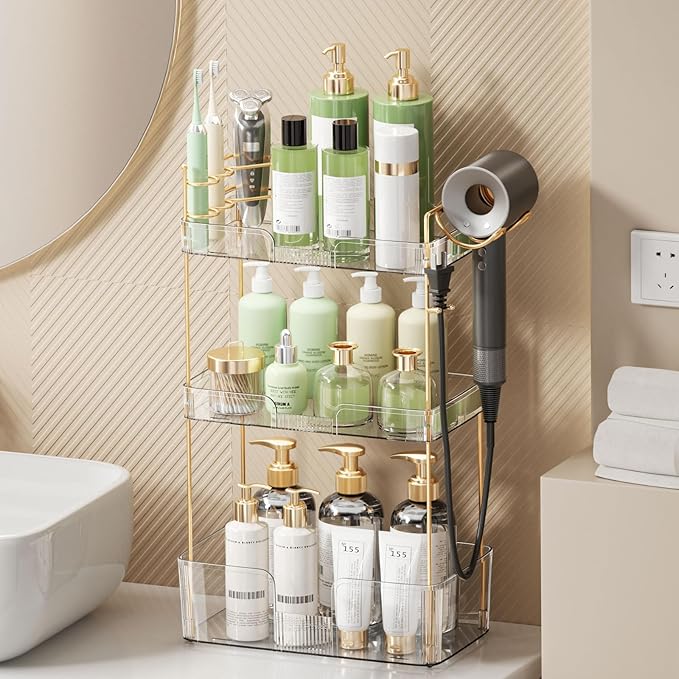 Bathroom Counter Organizer for Vanity, Makeup Organizer Countertop with Holder, Large Capacity Storage Rack, Perfect Large Skincare, Hair Care, Perfume, Easy to Install (Clear, 3Tiers)