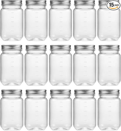 novelinks 16 oz Clear Plastic Jars with Lids, Refillable 16oz Mason Jars with Lids & Storage Containers for Kitchen & Household Use (15 Pack,Silver)