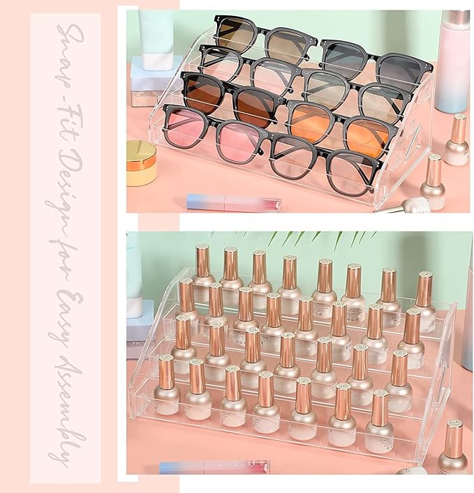 Nail Polish Organizer 48 Bottles of 4 Layers Sunglass Organizer Acrylic Display Rack Eyeglasses Storage Essential Oils Holder Makeup Organizer No Tool Needed Assembly, Clear