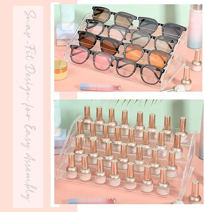 Nail Polish Organizer 48 Bottles of 4 Layers Sunglass Organizer Acrylic Display Rack Eyeglasses Storage Essential Oils Holder Makeup Organizer No Tool Needed Assembly, Clear