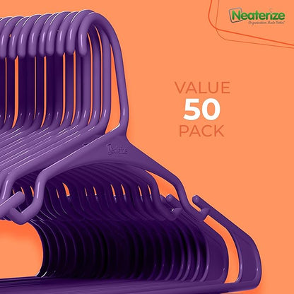 NEATERIZE Clothes Hangers Plastic 50 Pack For Adults - Plastic Hangers, The Perfect Coat Hanger and Space Saving Clothes Hangers for Closet, Percheros Ganchos para Colgar Ropa Hangars - Purple Hangers