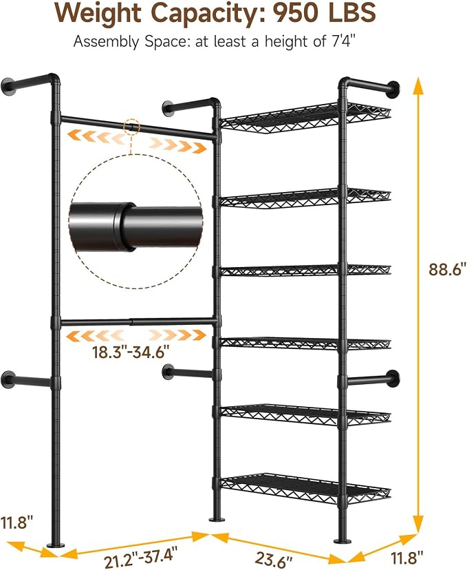 L2 Wall Mounted Closet System, Industrial Pipe Clothing Rack Clothes Racks with 2 Telescopic Rod & 6 Shelves, Heavy Duty Closet Organizers System in Wardrobe Closet, Black
