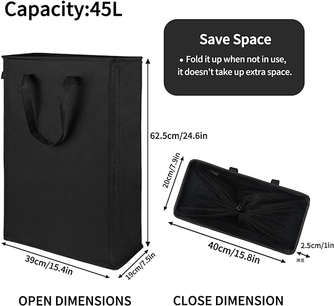 Odonata Slim Laundry Hamper Handles Collapsible Laundry Basket Thin Dirty Clothes Basket Narrow Laundry Bag Foldable Dirty Hamper 45L (Black)