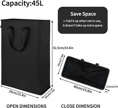 Odonata Slim Laundry Hamper Handles Collapsible Laundry Basket Thin Dirty Clothes Basket Narrow Laundry Bag Foldable Dirty Hamper 45L (Black)