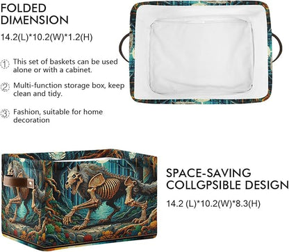 Large Storage Basket Skeletal Wolf Storage Bin Cube Canvas Fabric Organizer Handles Collapsible for Clothes Toys Bedroom Decorative