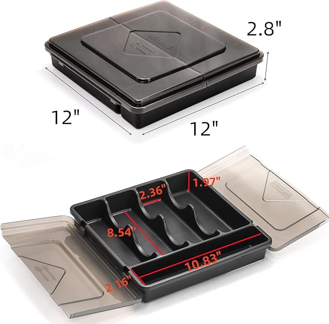 Dicunoy Silverware Organizer with Lid, Covered Utensil Drawer Organizer Tray for Kitchen, 5 Compartments Plastic Black Cutlery Flatware Storage Box for Spoons Forks Knives, Office, RV, Countertop