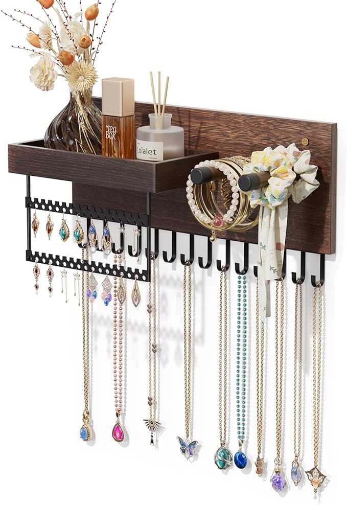 Lolalet Wall Mounted Hanging Jewelry Organizer, 15 Hooks Wooden Necklaces Holder with Storage Shelf, Easy Install Earrings Bracelets Hanger -Brown
