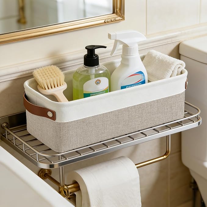 Bagnizer Small Fabric Storage Baskets, 15x6x5 inch Narrow Storage Bins 4-Pack Long Storage Basket for Organizing with Handles, Decorative Basket for Closets, Shelves, Toilet Paper, Beige