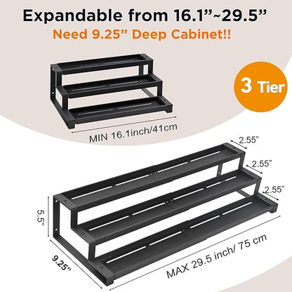3-Tier Spice Rack Organizer for Kitchen Cabinet or Pantry, 16"-29" Expandable Spice Organization Shelf, Seasoning Organizer, Metal Display Shelf, Slip-Resistant Design for Jars and Bottles, Black