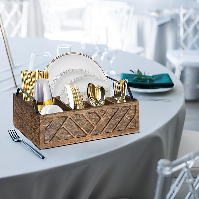 Ukonvi Flatware Organizers Paper Plate Dispenser with Handles, Paper Plate Holder for Kitchen Counter, Wood Rustic Silverware Utensil Caddy, Brown