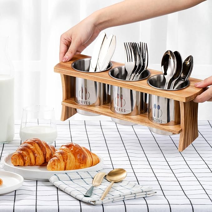 Lyellfe Silverware Holder for Countertop, Stainless Steel Cutlery Utensil Organizer with Bamboo Stand, Flatware Holder for Spoon, Fork, and Knife
