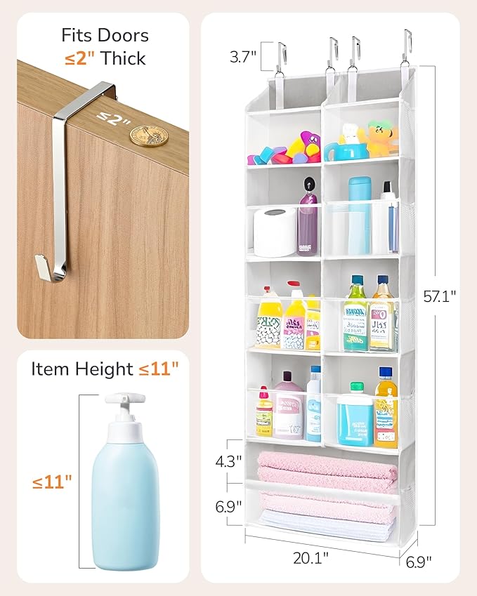 ULG Over the Door Organizer, 5-Tier Extra Large Hanging Storage with 10 Mesh Pockets, 100 lbs Capacity, Heavy Duty Door Organizer for Closet, Bedroom, Nursery Light Grey