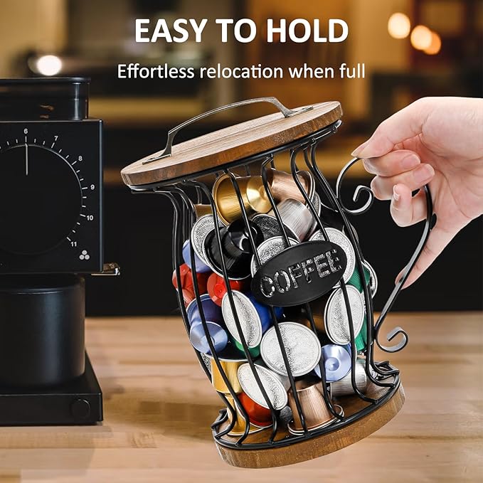 WRINGKIT Rustic Coffee Pod Holder with Lid, K Cup Pods Holder for Counter, Large Capacity Black Wire Coffee Pod Filter Storage Basket for Espresso Capsule, Wooden Base