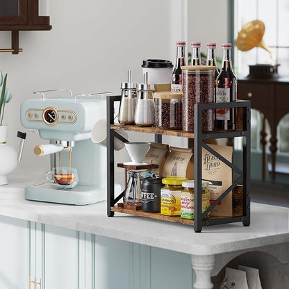 RUILALIFE Coffee-Bar-Station-Organizer Shelf for Countertop, 2 Tiers Kitchen Counter Shelf Riser, Wooden Spice Rack Organizer, Coffee Bar Accessories(Rustic Brown, Large)