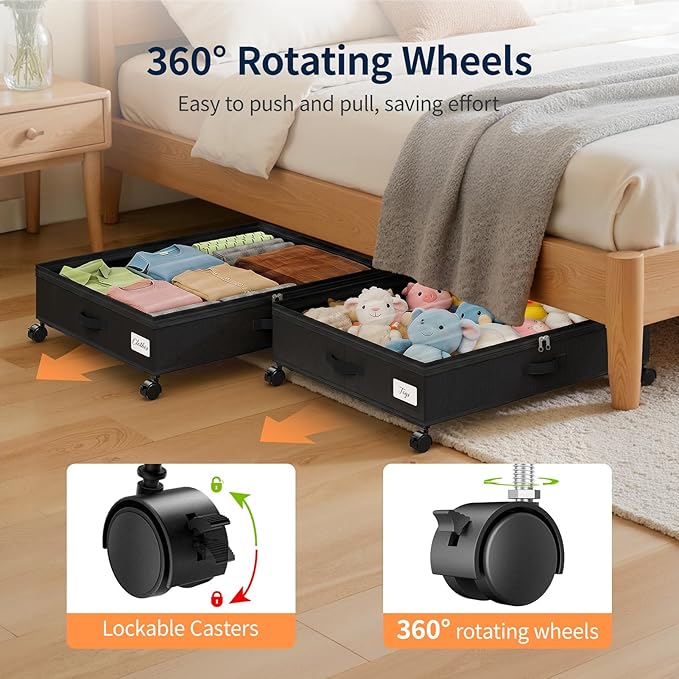 Yecaye 80L Under Bed Storage with Wheels, 2 Pack Under Bed Storage Containers with Lids for Clothes, Shoes and Blankets, Metal Rolling Underbed Storage Drawers for Bedrooms and Dorms, Black