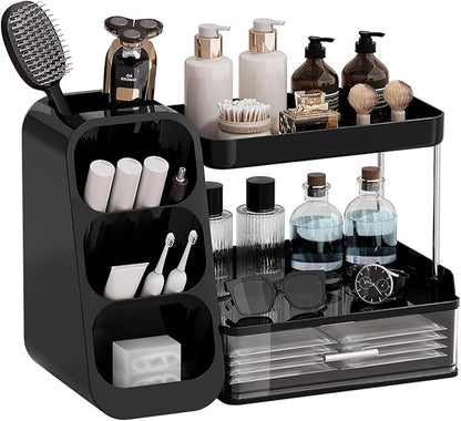 Makeup Organizer for Vanity with Brush Holder, 2 Tiers Countertop Skincare, Cologne Organizer and Perfume Stand for Men Bathroom Vanity, Large Capacity Makeup Storage, Black