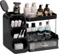 Makeup Organizer for Vanity with Brush Holder, 2 Tiers Countertop Skincare, Cologne Organizer and Perfume Stand for Men Bathroom Vanity, Large Capacity Makeup Storage, Black