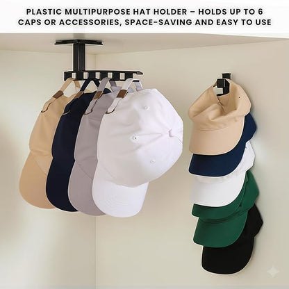 6 Slots Adhesive Hat Hooks for Wall | Multipurpose Black Headband Organizer for Girls & Adhesive Wall Hook for Toy Organization | Plastic Hat Hooks for Wall Adhesive Hat Accessories Holds 12 Hats