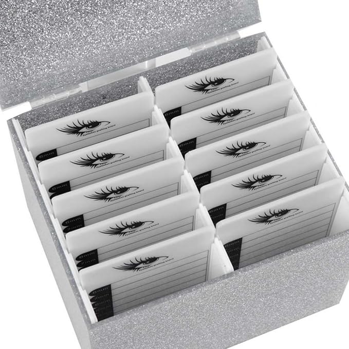 10 Layers Acrylic Eyelash Storage Box,Eyelash Holder Extension Tool,Makeup Organizer False Eyelashes Glue Pallet Holder, Grafting Eye lashes Close-Packed Display with 10 Pallets (Silver)