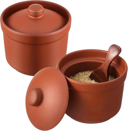 Maxdot 2 Pcs Salt Cellar with Lid and Wooden Spoon, 8 oz, Handcrafted Zisha Clay Salt Container Heavyweight Spices Jar Housewarming Gift for Kitchen Countertop, Kosher, Sea, Sugar, Keeps Spices Dry